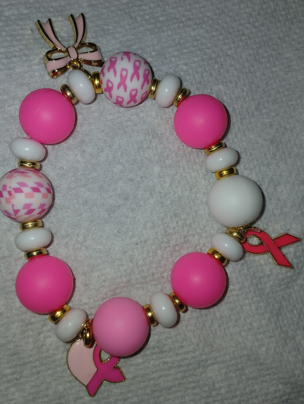 NWT Handcrafted B.C.A. Pink Ribbon Stretch Bracelet w/Charms.